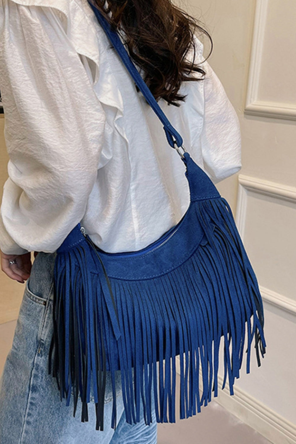 Suede Fringe Adjustable Strap Shoulder Bag, available in 7 colors
