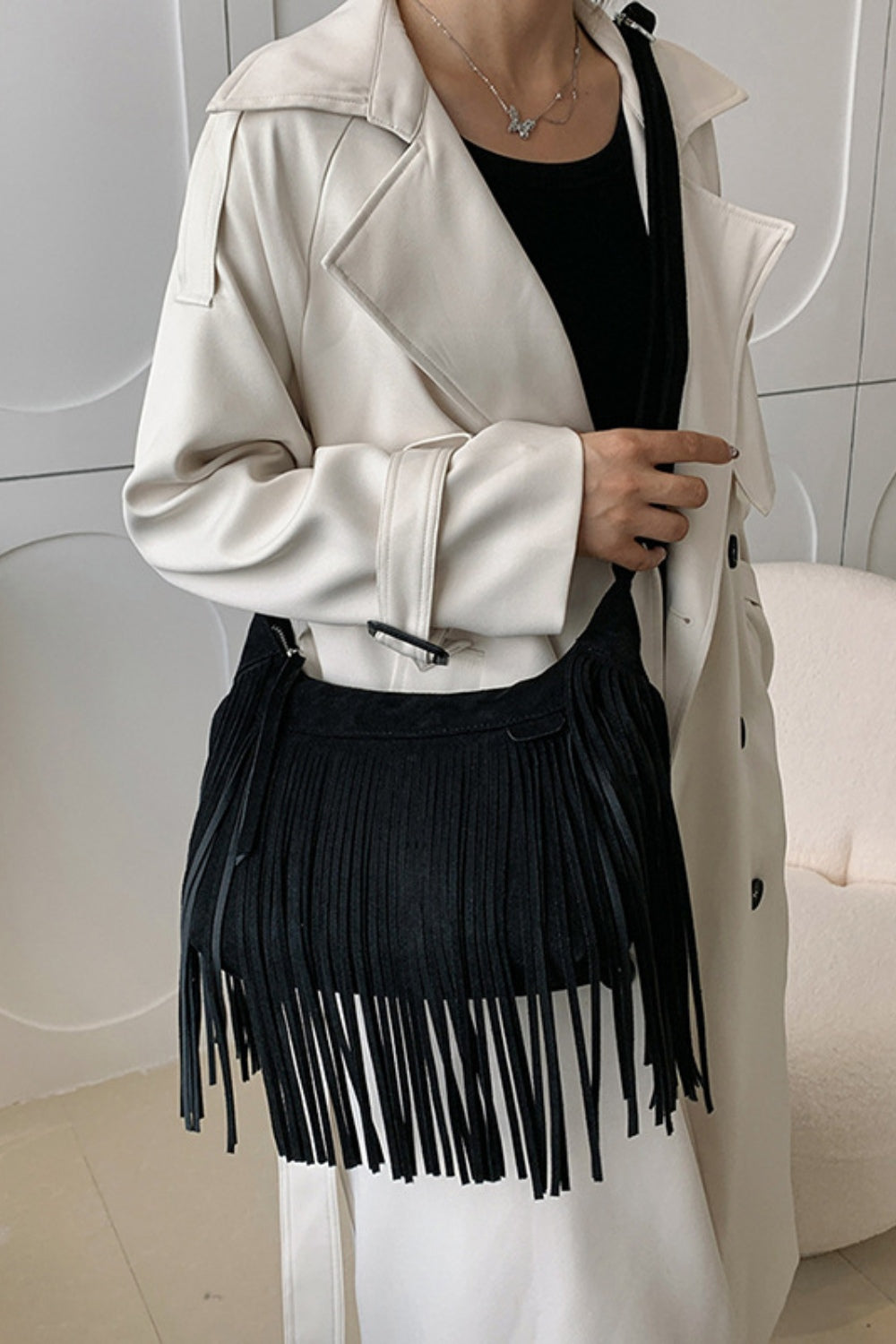 Suede Fringe Adjustable Strap Shoulder Bag, available in 7 colors