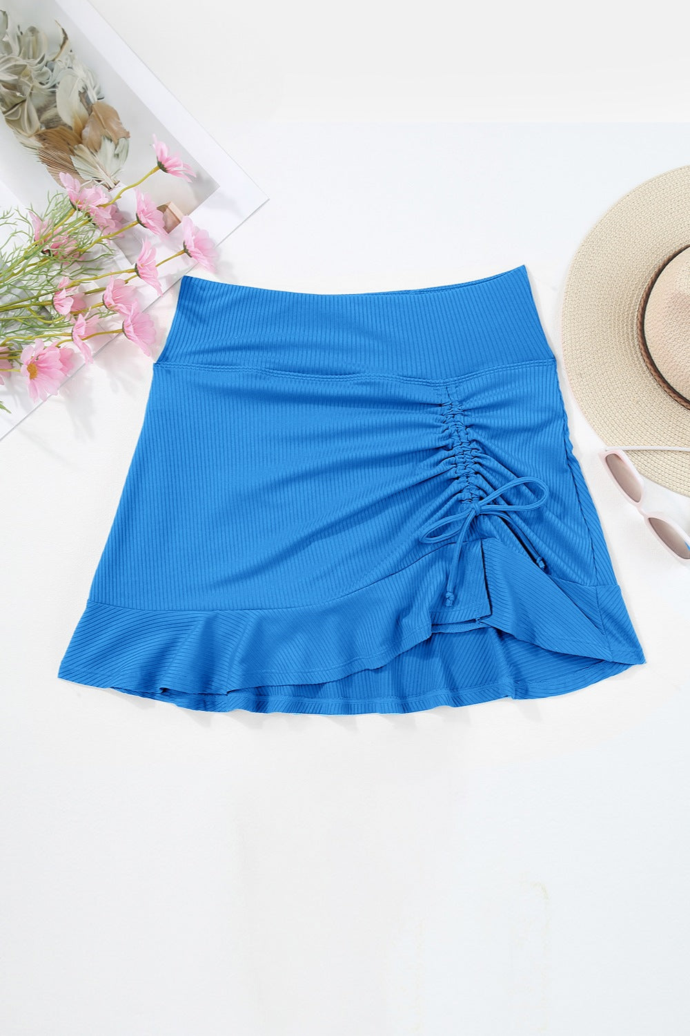 Ruched Elastic Waist Swim Skirt, black white grey pink blue green brown