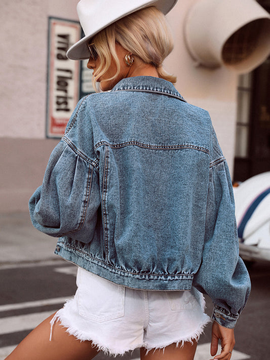 Collared Neck Dropped Shoulder Denim Jacket