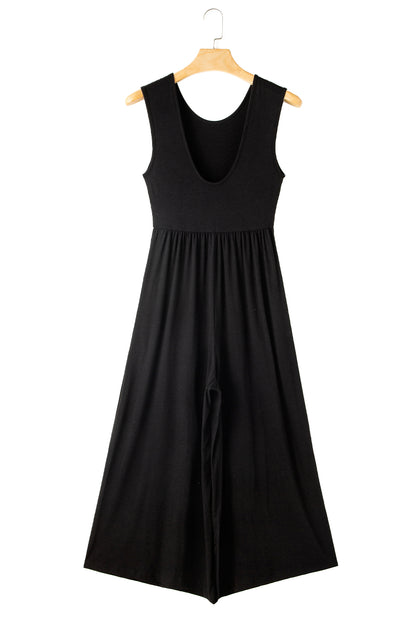 Black Solid Color Open Back Sleeveless Wide Leg Jumpsuit