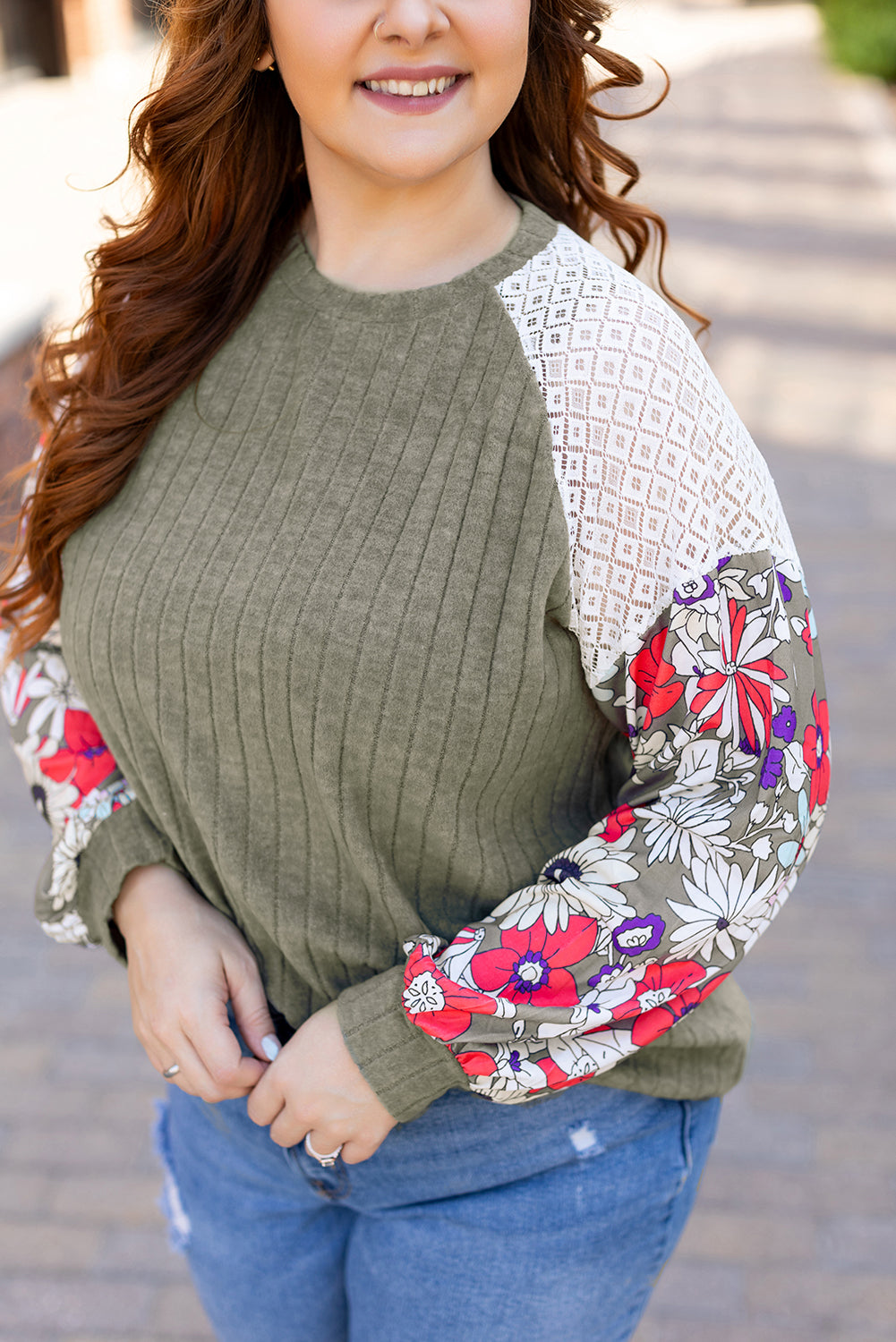 Vineyard Green Plus Size Textured Floral Patchwork Raglan Sleeve Top