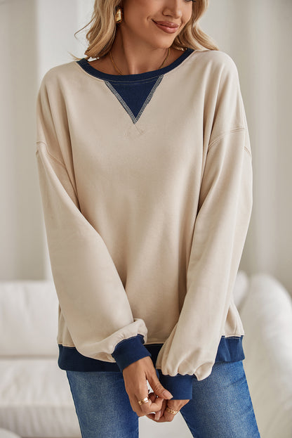 White Color Block Drop Shoulder Crewneck Oversized Sweatshirt