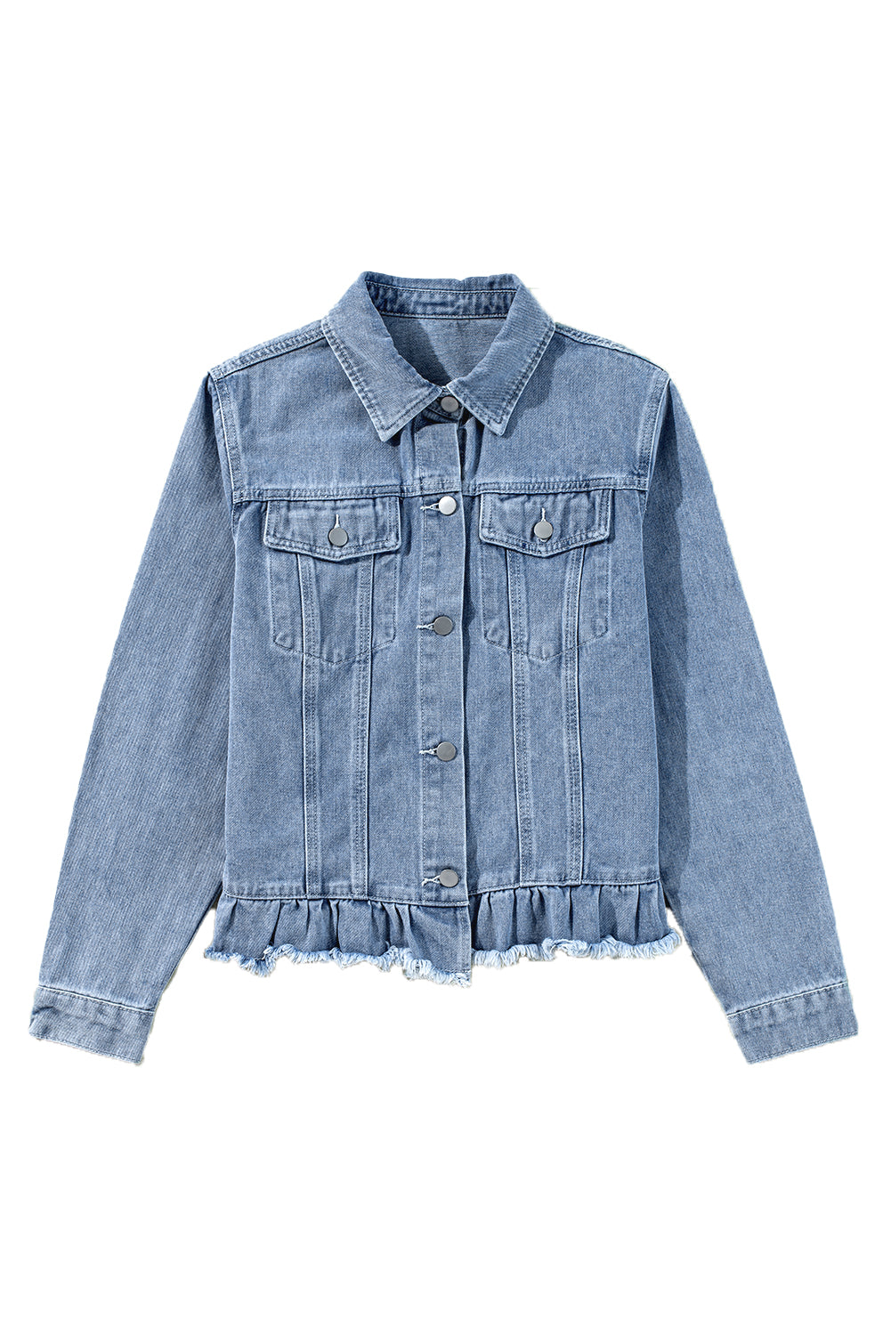 Beau Blue Ruffle Raw Hem Flap Pockets Denim Jacket