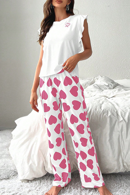 Red Heart Print Ruffle Sleeveless Top and Pants Valentines Pajama Set