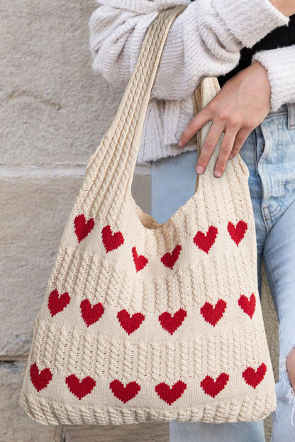 Heart Pattern Knit Shoulder Bag