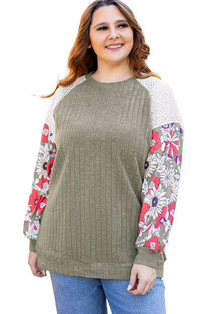 Vineyard Green Plus Size Textured Floral Patchwork Raglan Sleeve Top