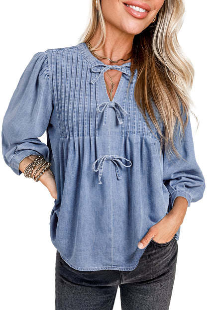 Myosotis Denim Bow Tie Pleated Puff Sleeve Top