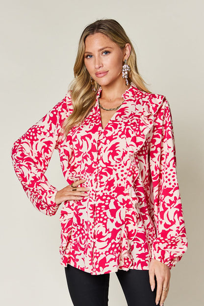 Double Take Full Size Printed Ruffle Trim Balloon Sleeve Shirt