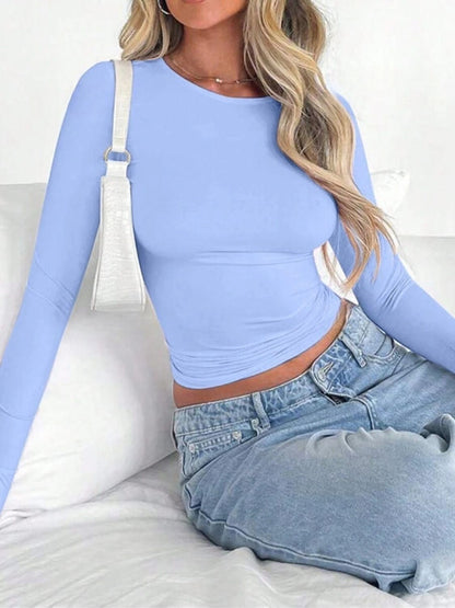 Solid Color Round Neck Long Sleeve T-Shirt