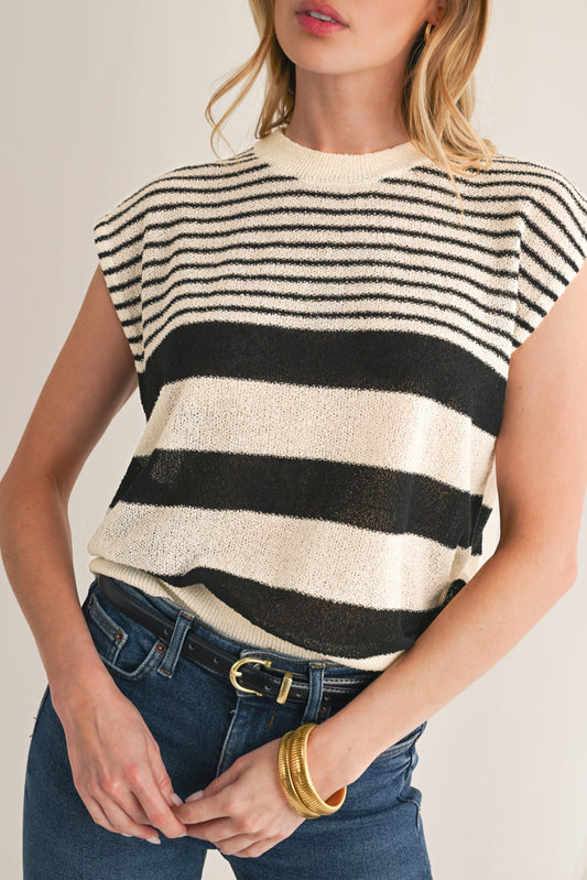 Black White Striped Sleeveless Knit Top