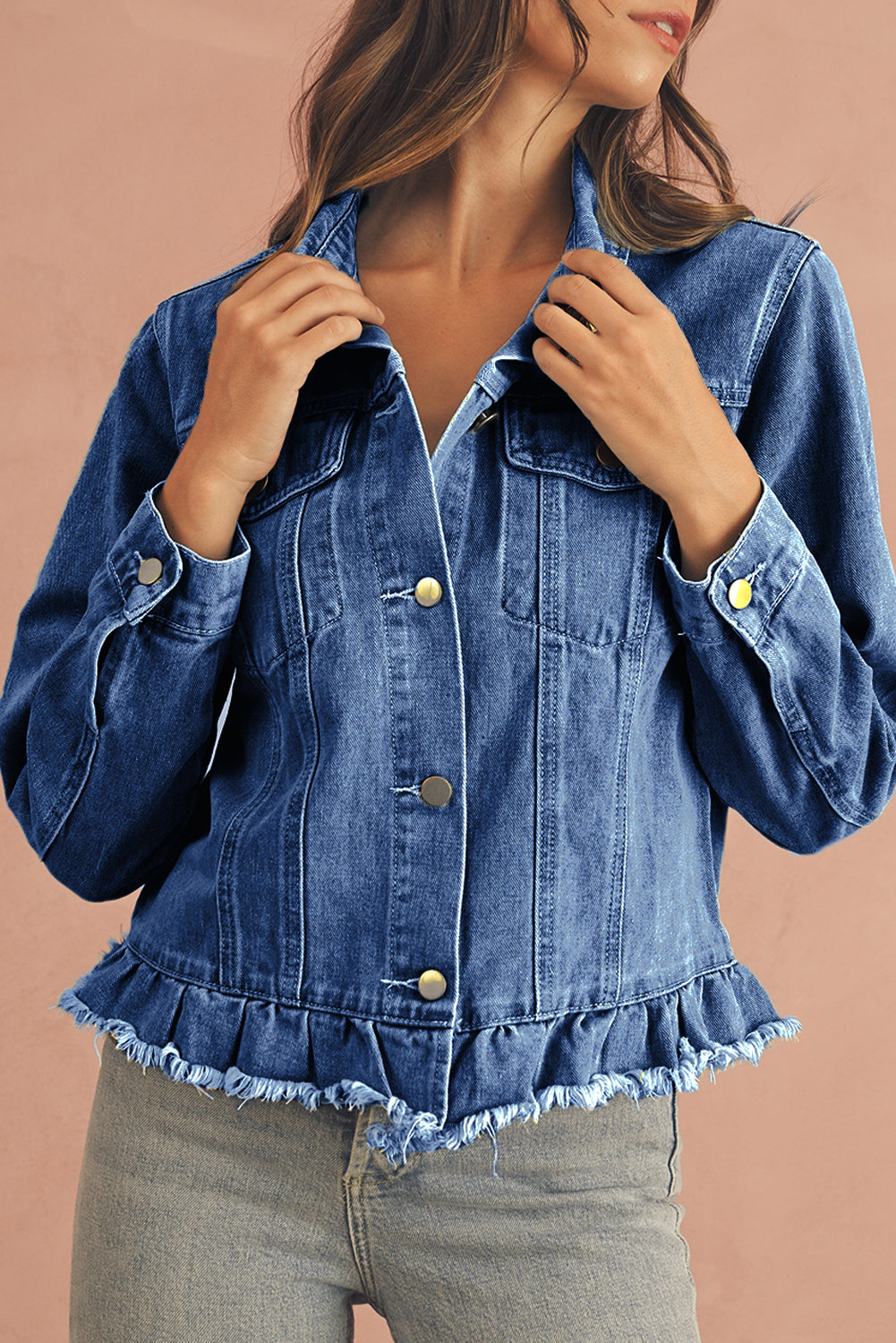 Beau Blue Ruffle Raw Hem Flap Pockets Denim Jacket