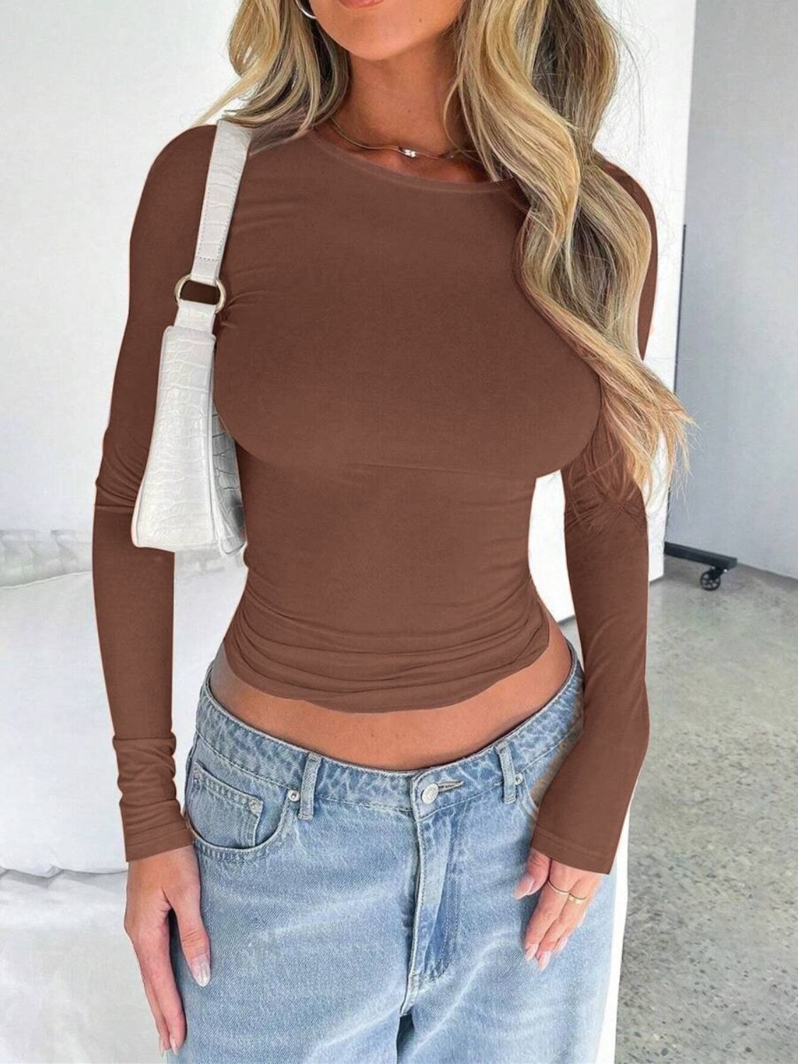 Solid Color Round Neck Long Sleeve T-Shirt