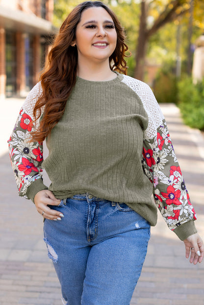 Vineyard Green Plus Size Textured Floral Patchwork Raglan Sleeve Top