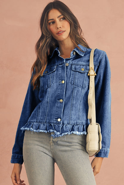 Beau Blue Ruffle Raw Hem Flap Pockets Denim Jacket