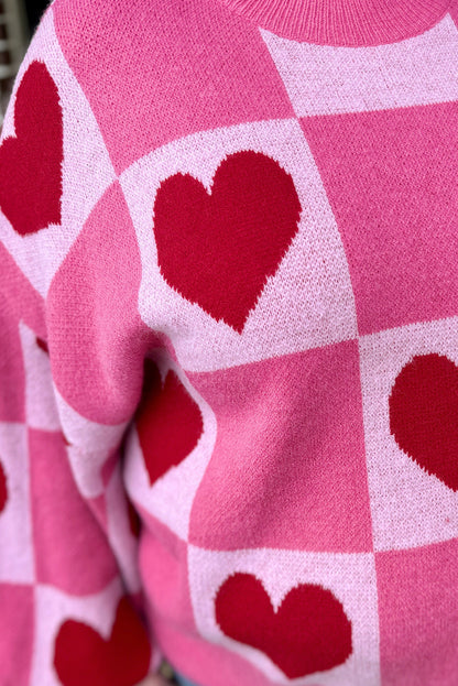 Pink Love Heart Checkered Valentine Knit Sweater