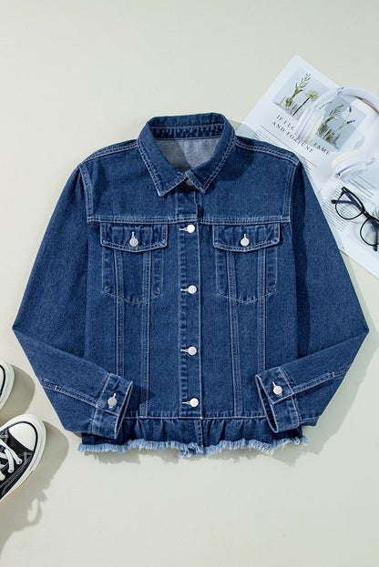 Beau Blue Ruffle Raw Hem Flap Pockets Denim Jacket