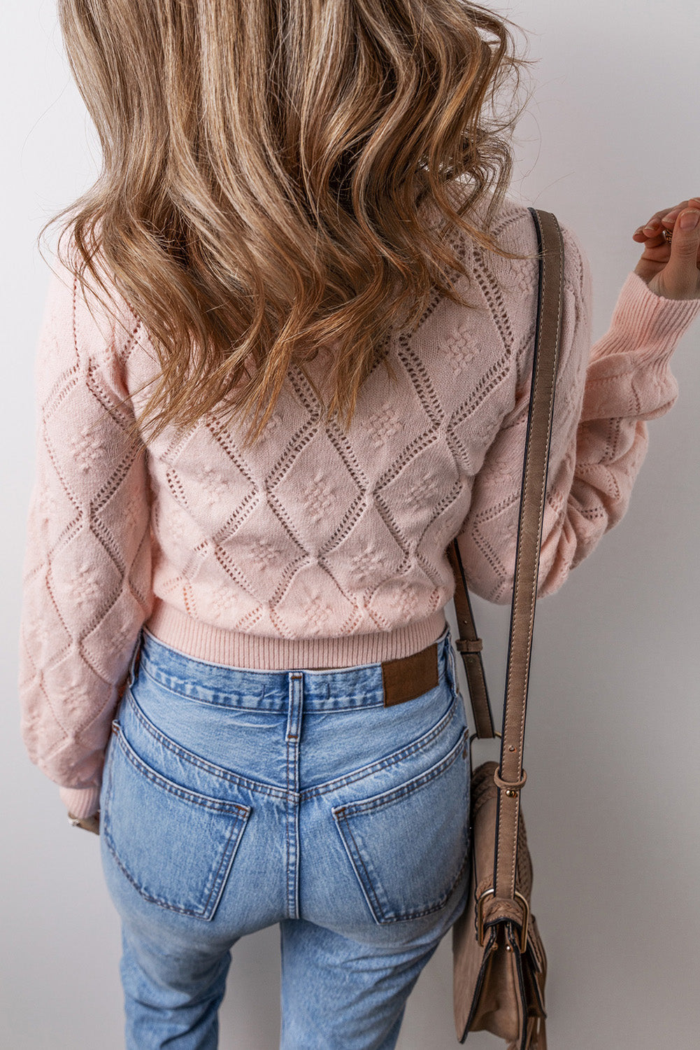 Pink Openwork Plaid Puff Sleeve Cropped Sweater