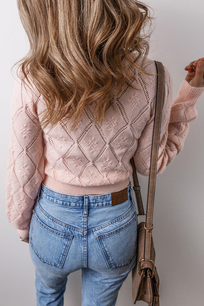 Pink Openwork Plaid Puff Sleeve Cropped Sweater