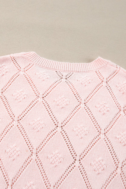 Pink Openwork Plaid Puff Sleeve Cropped Sweater