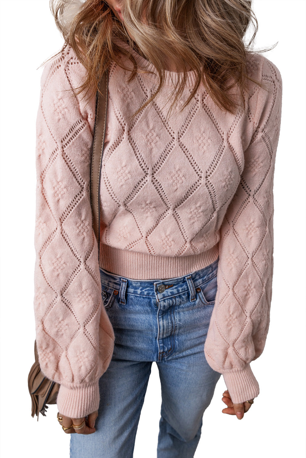 Pink Openwork Plaid Puff Sleeve Cropped Sweater