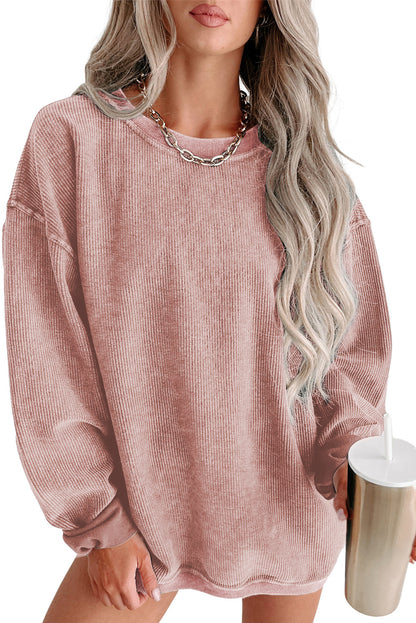 Pink Solid Ribbed Round Neck Pullover Sweatshirt, 6 colors to choose from, sizes up to 3XL