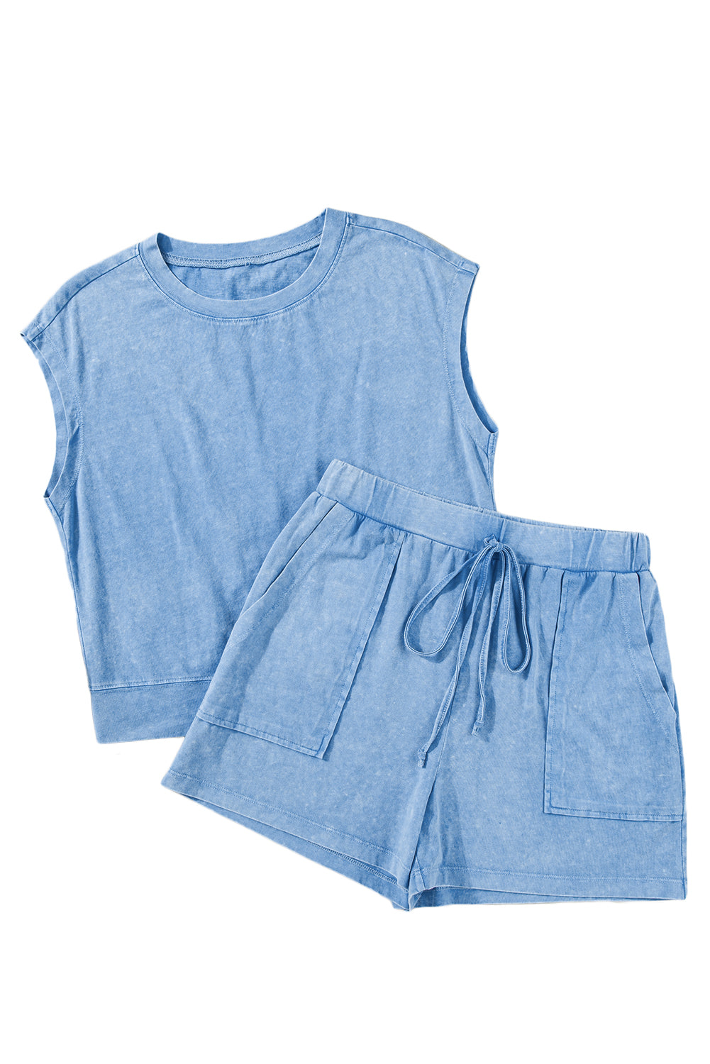 Dusk Blue Mineral Wash Plain Tee & Drawstring Shorts Set