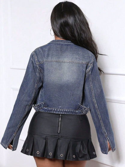 Zip Up Long Sleeve Denim Top