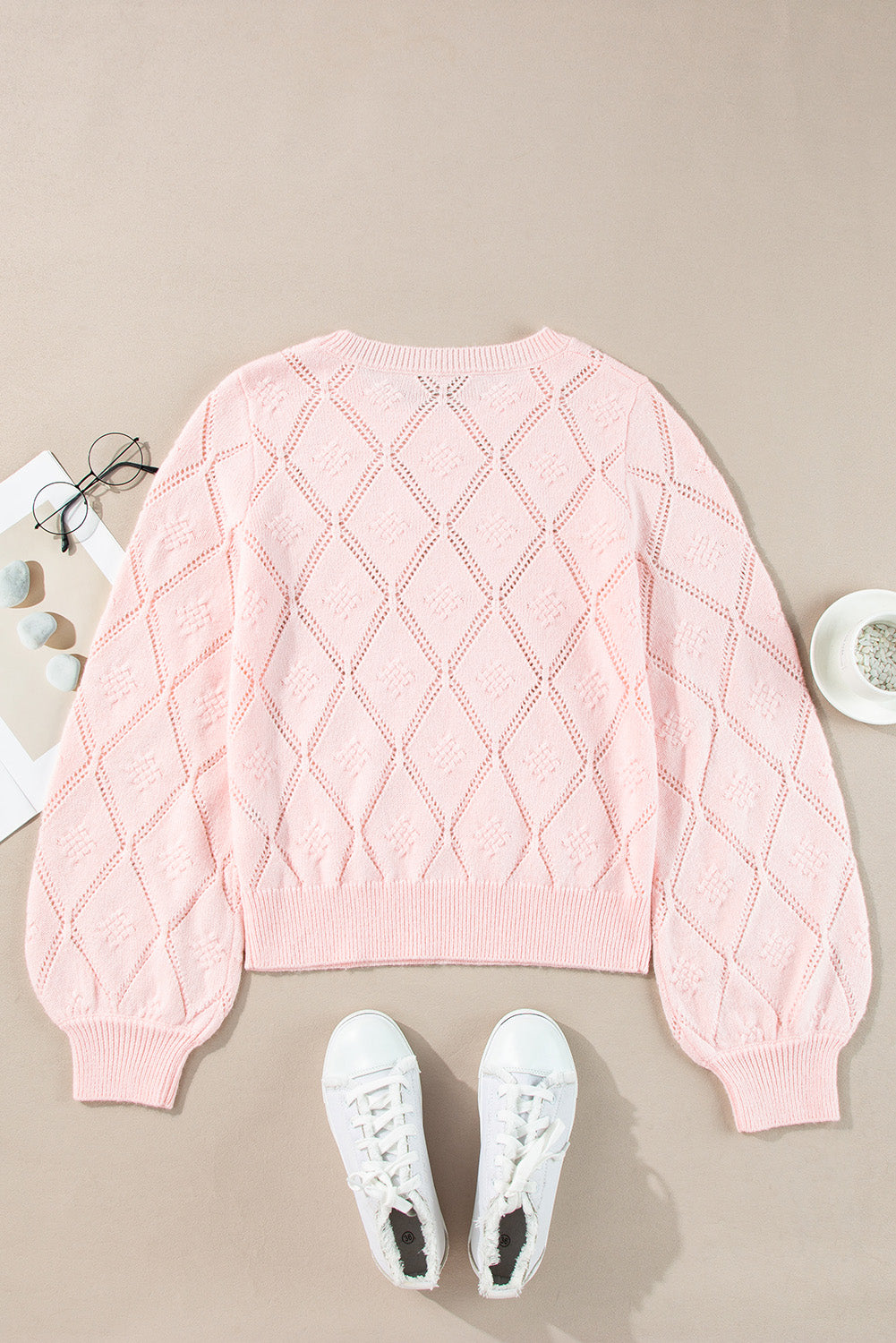 Pink Openwork Plaid Puff Sleeve Cropped Sweater