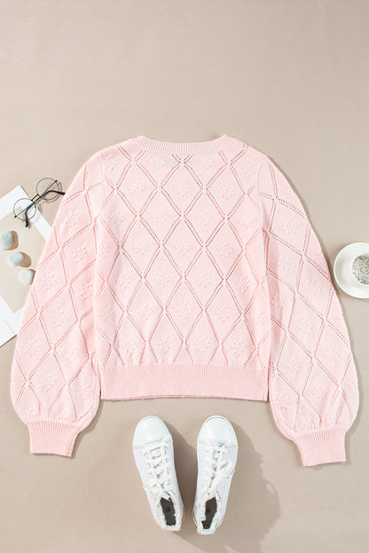 Pink Openwork Plaid Puff Sleeve Cropped Sweater