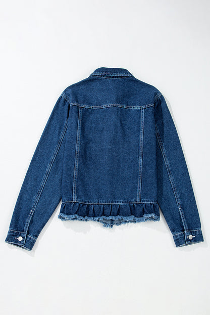 Beau Blue Ruffle Raw Hem Flap Pockets Denim Jacket