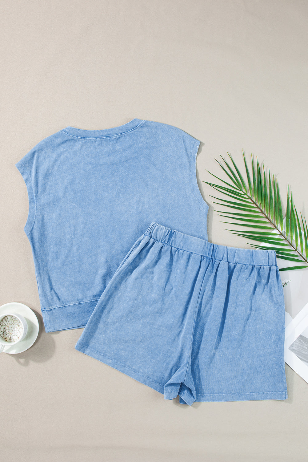 Dusk Blue Mineral Wash Plain Tee & Drawstring Shorts Set