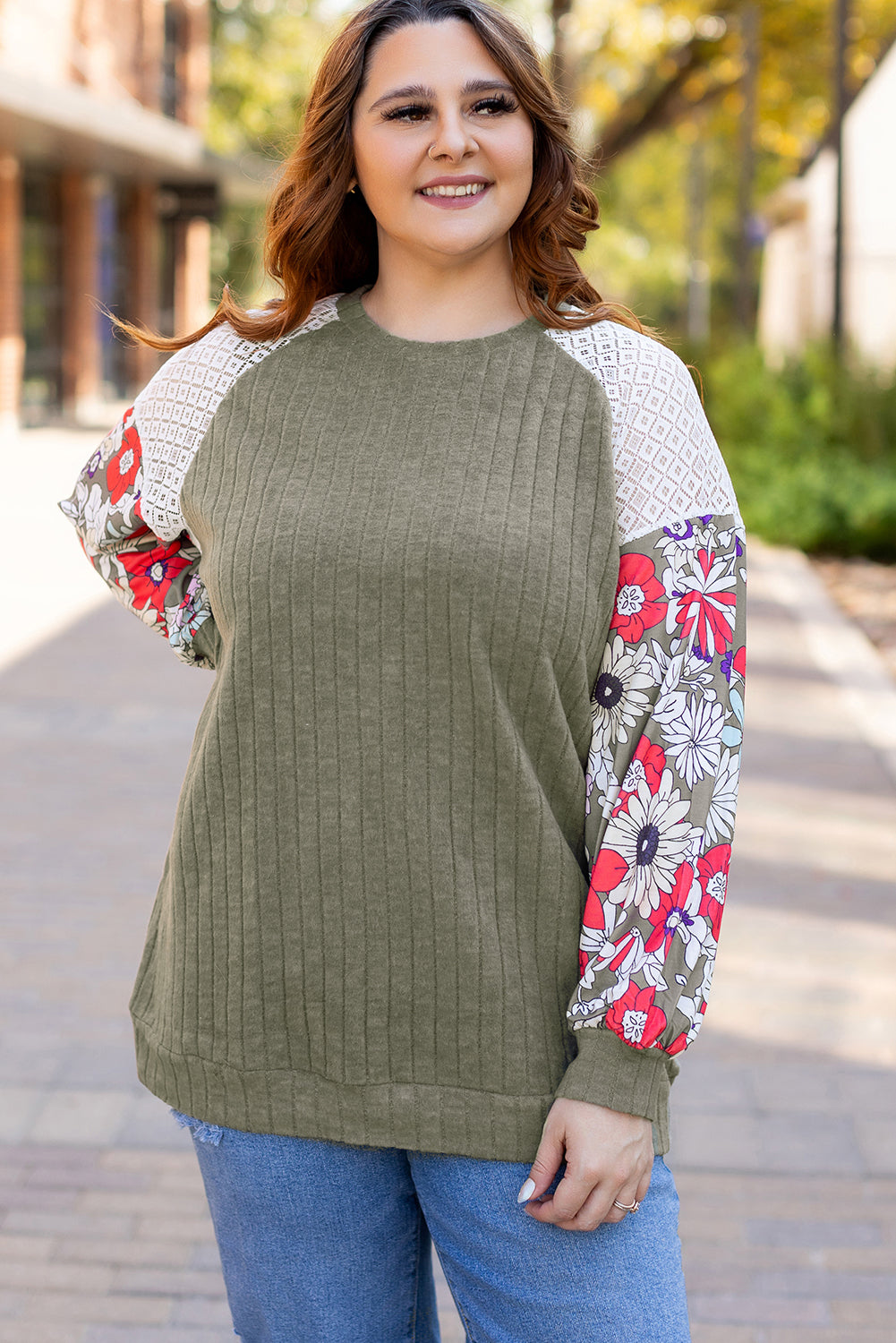 Vineyard Green Plus Size Textured Floral Patchwork Raglan Sleeve Top