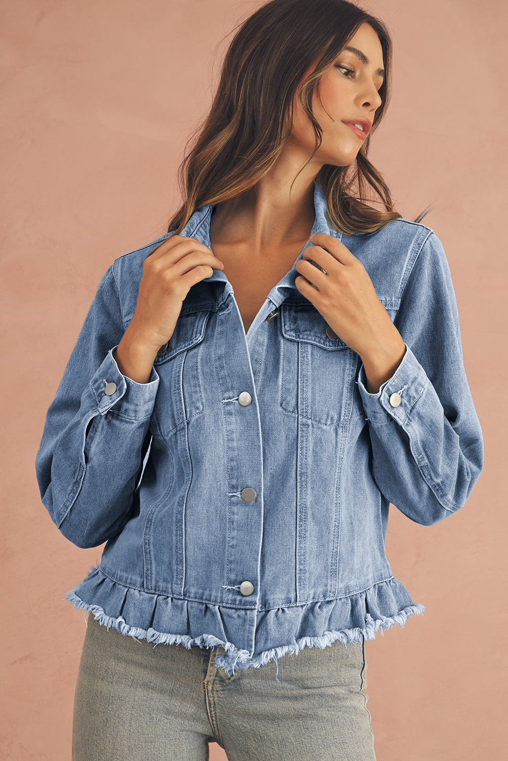 Beau Blue Ruffle Raw Hem Flap Pockets Denim Jacket