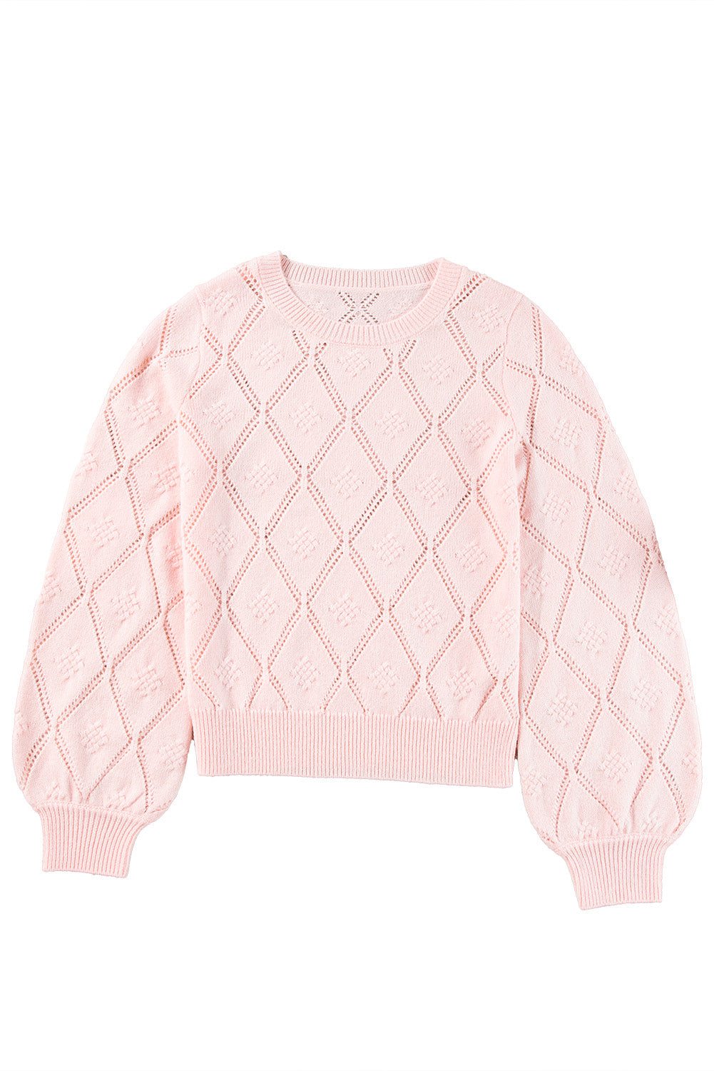 Pink Openwork Plaid Puff Sleeve Cropped Sweater