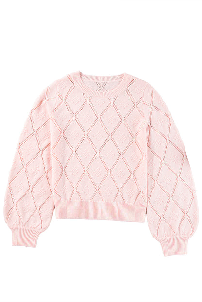 Pink Openwork Plaid Puff Sleeve Cropped Sweater