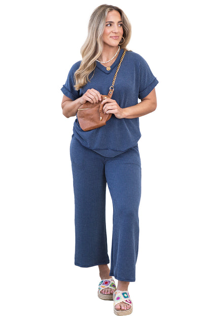 Sail Blue Plus Size Ribbed Top and Wide Leg Pants Set