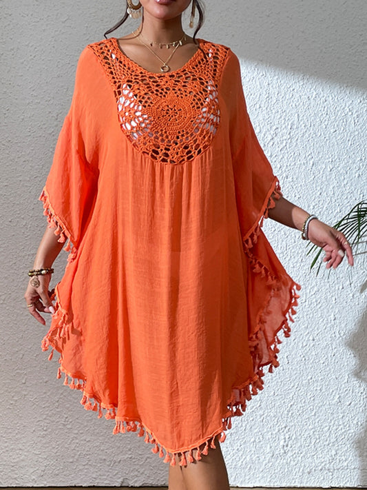 Tassel Cutout Scoop Neck Cover-Up Dress, white orange black