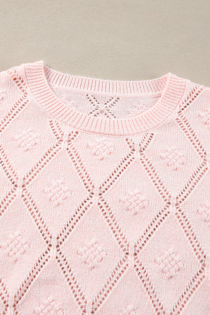 Pink Openwork Plaid Puff Sleeve Cropped Sweater