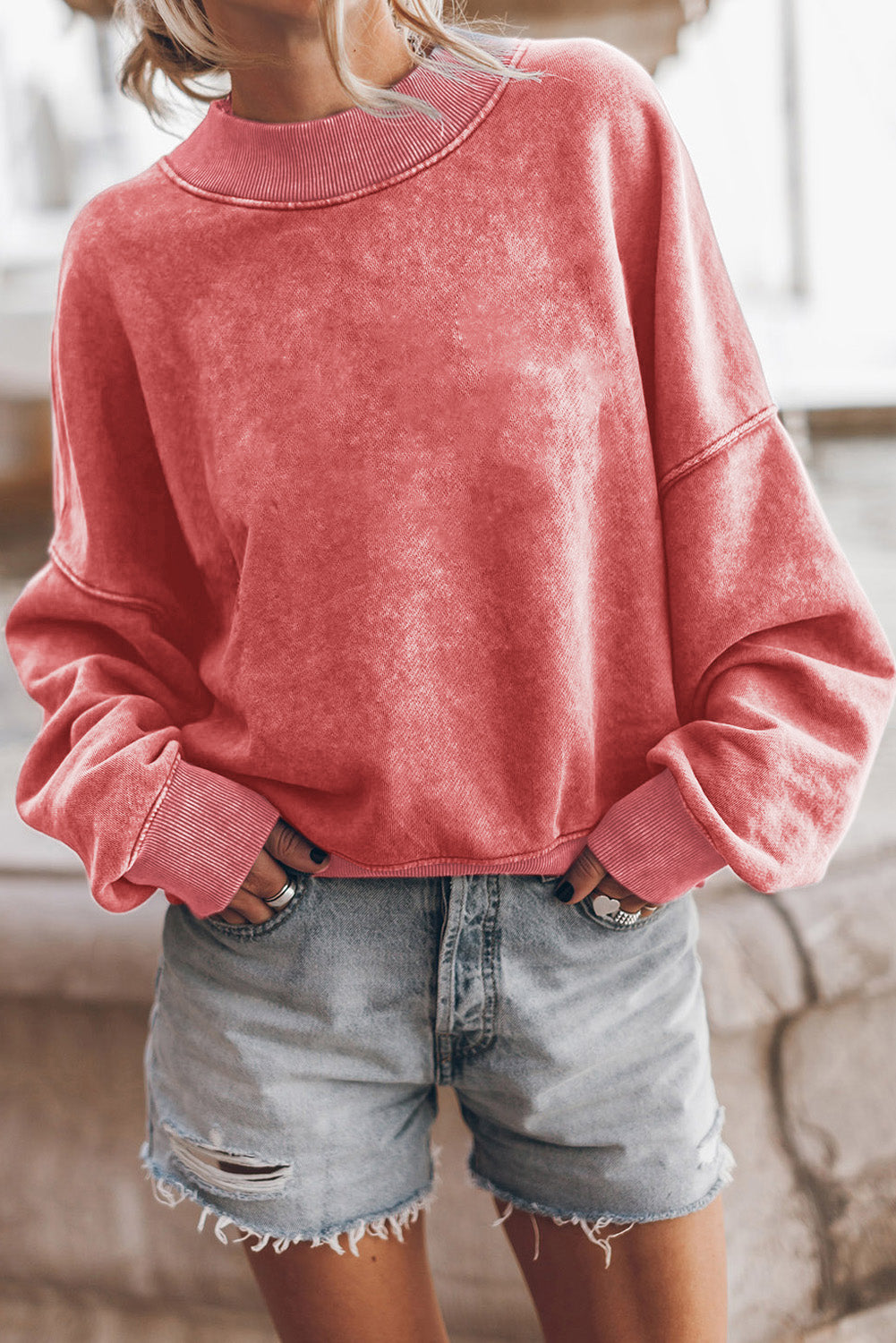 Green Light Plain Washed Drop Shoulder Pullover Sweatshirt