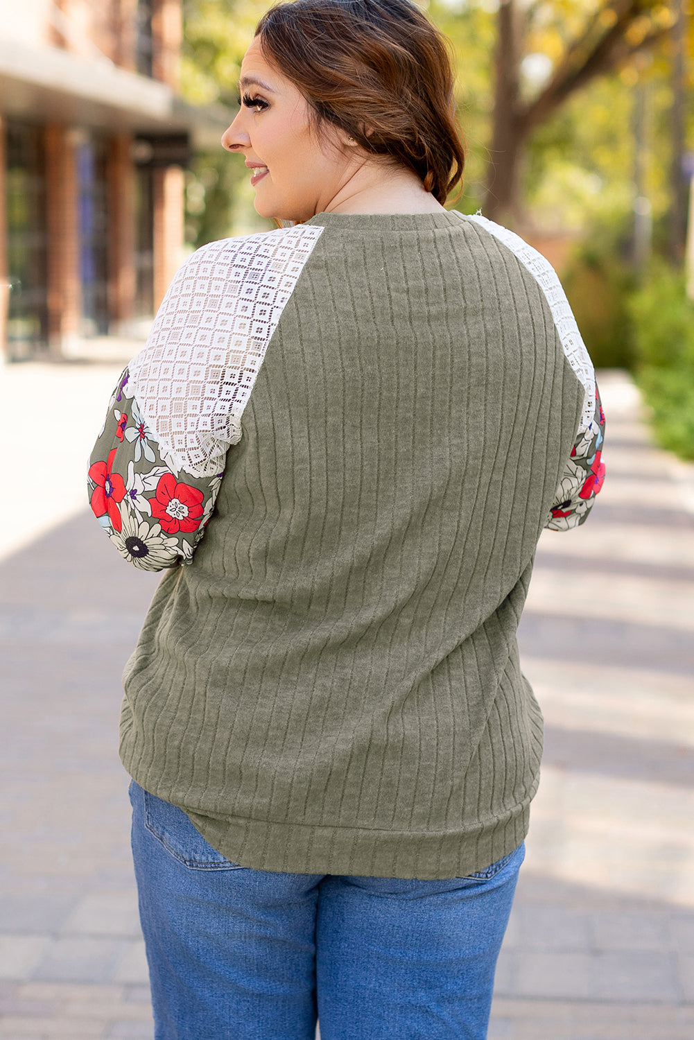 Vineyard Green Plus Size Textured Floral Patchwork Raglan Sleeve Top