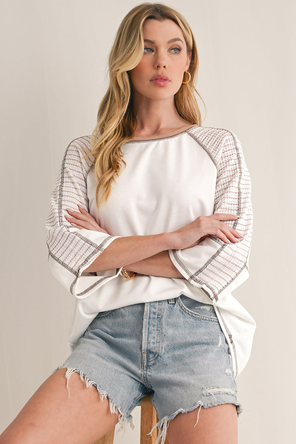 Striped Raglan Sleeve Top, black or taupe