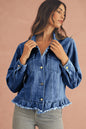 Beau Blue Ruffle Raw Hem Flap Pockets Denim Jacket