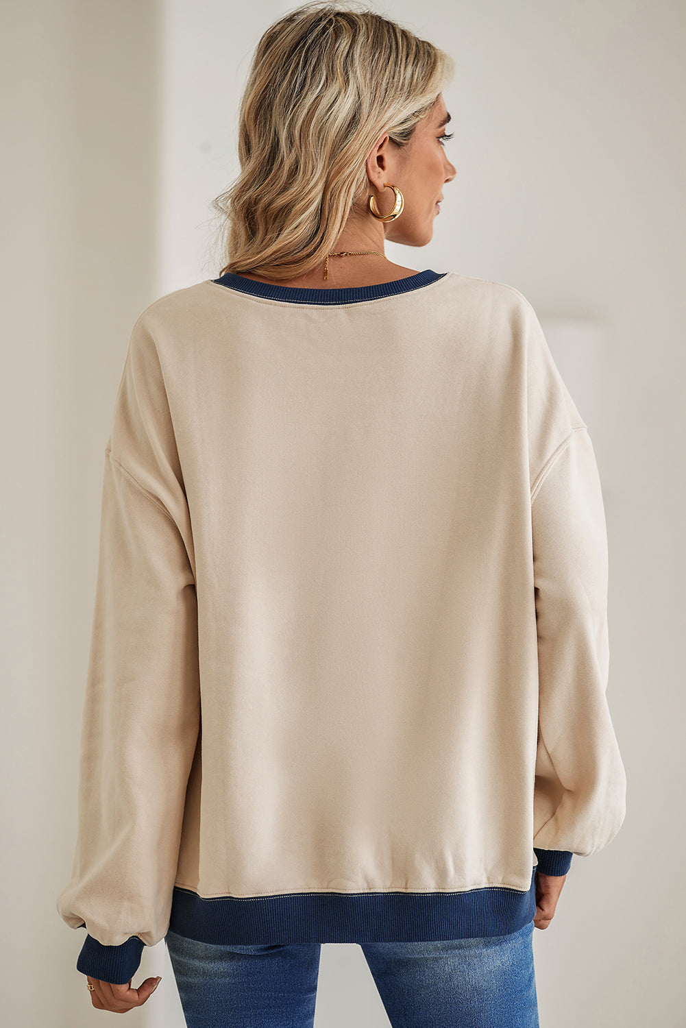 White Color Block Drop Shoulder Crewneck Oversized Sweatshirt