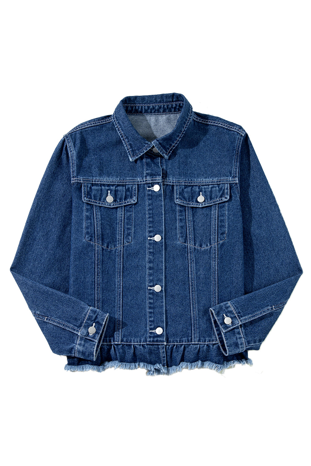 Beau Blue Ruffle Raw Hem Flap Pockets Denim Jacket