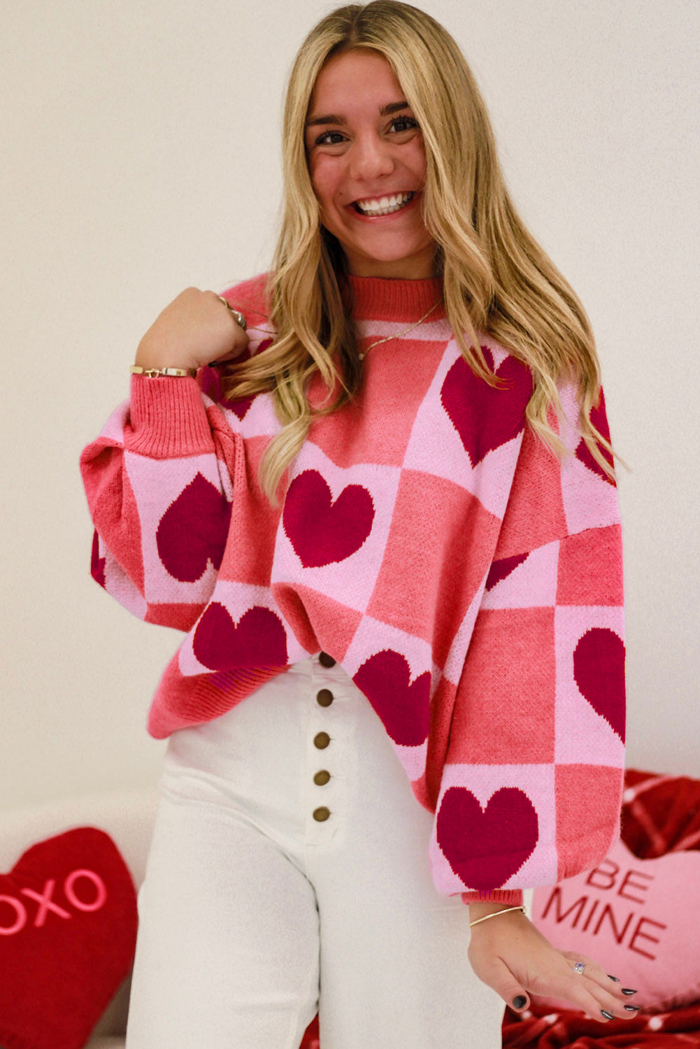 Pink Plus Size Heart Checkered Colorblock Lantern Sleeve Sweater