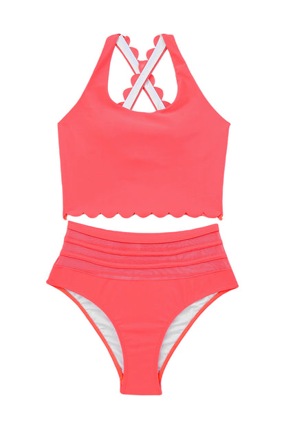 Rose Scalloped Sleeveless High Waisted Two Piece Swimsuit