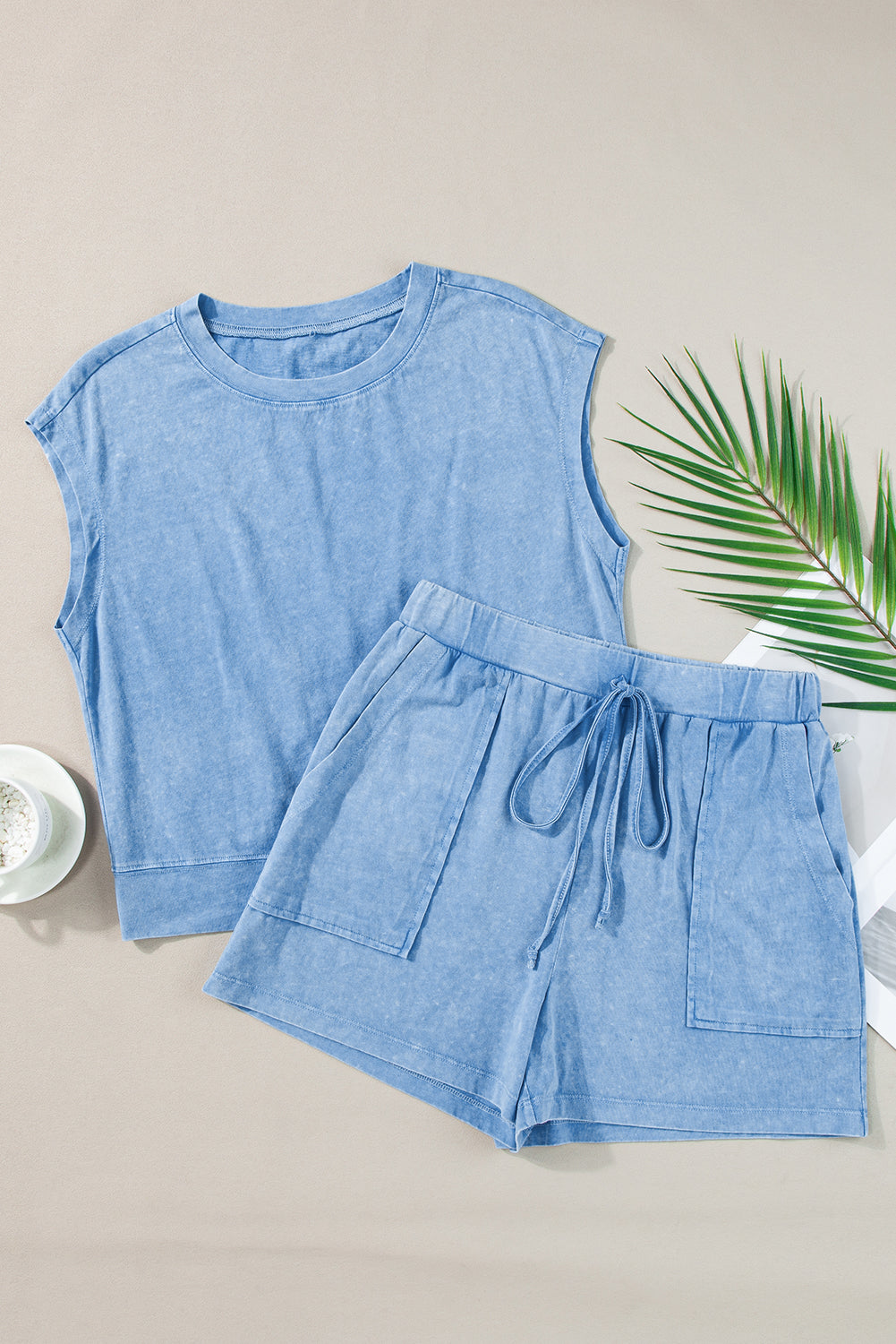 Dusk Blue Mineral Wash Plain Tee & Drawstring Shorts Set