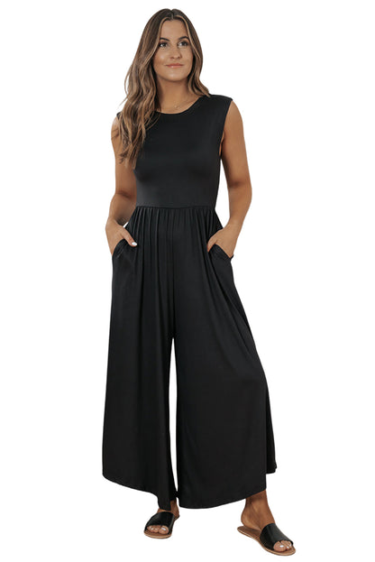 Black Solid Color Open Back Sleeveless Wide Leg Jumpsuit