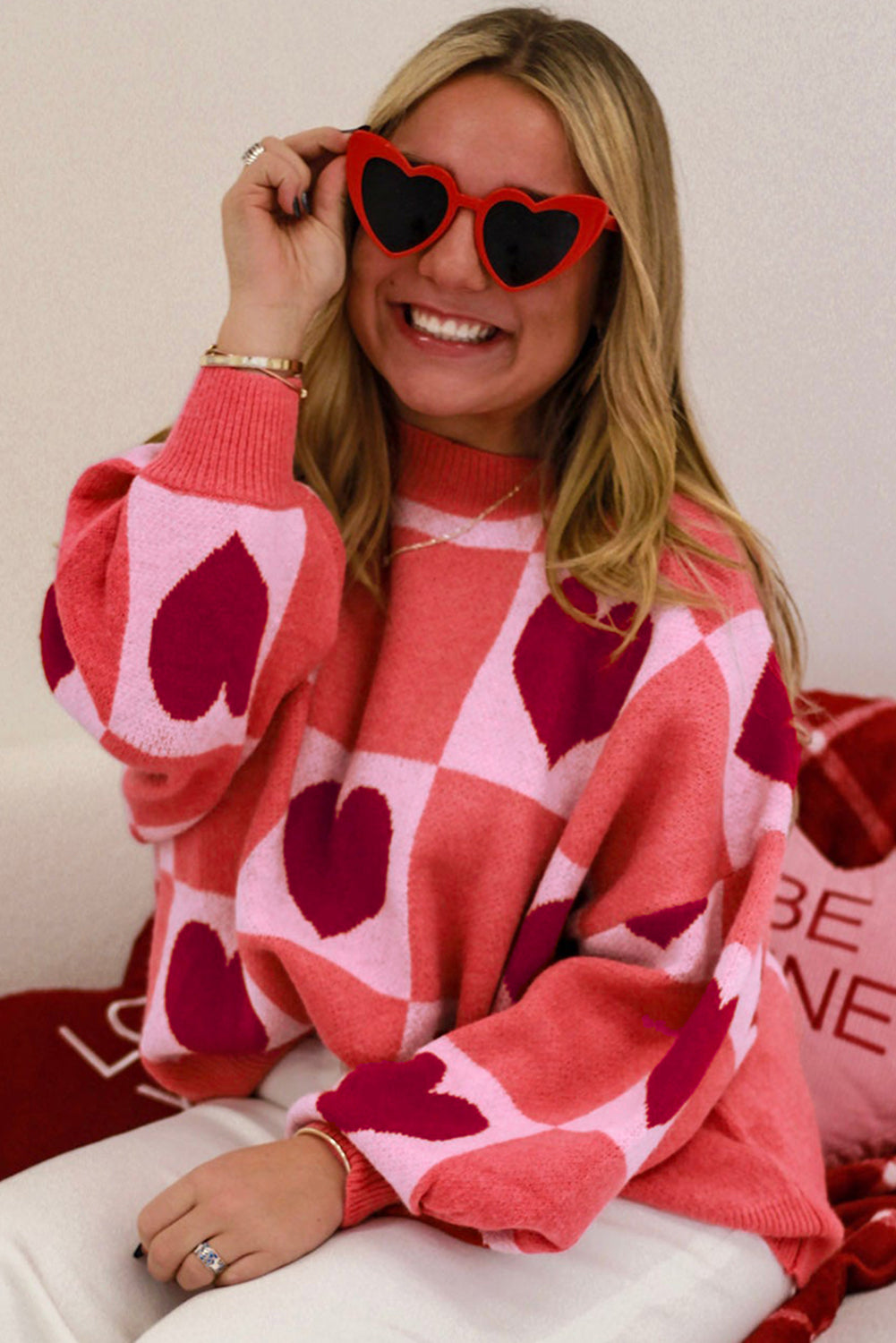 Pink Love Heart Checkered Valentine Knit Sweater